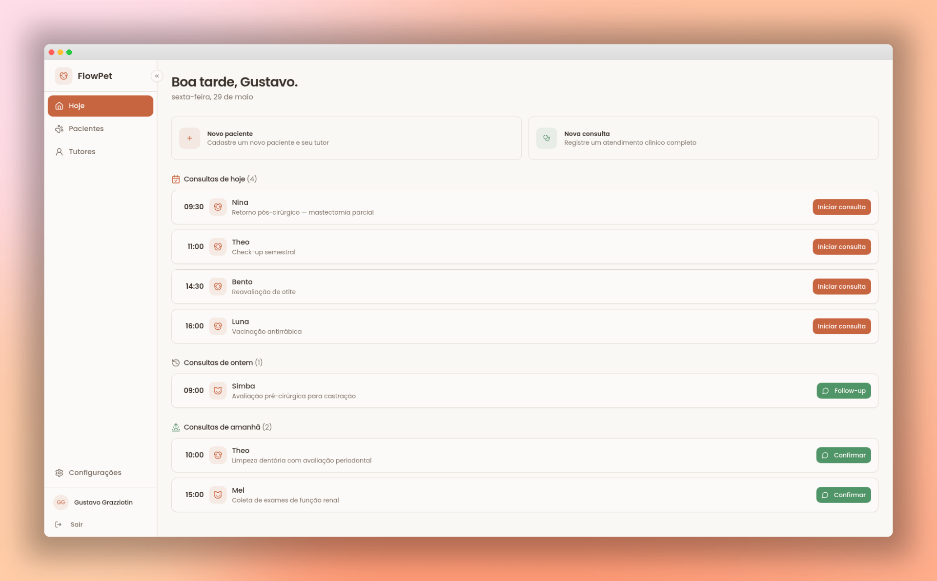 Dashboard do FlowPet mostrando a agenda do dia
